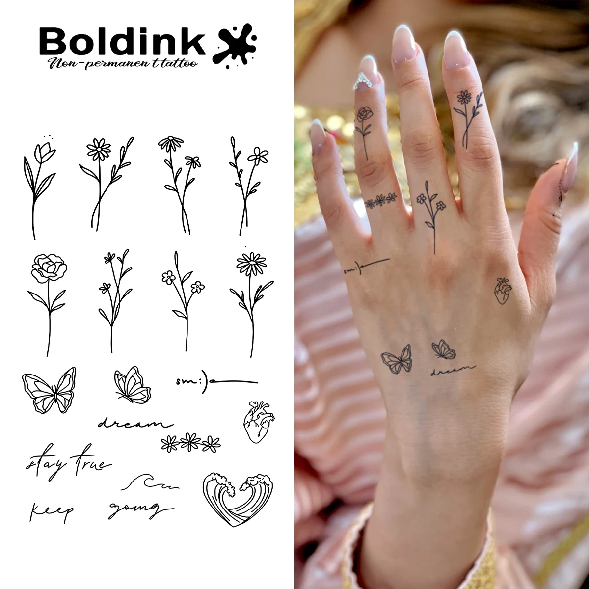 

BOLDINK маленькая татуировка-наклейка с бабочкой и цветком для женщин, свежий ручной роспись, водонепроницаемая, долговечная, сохраняющая цвет