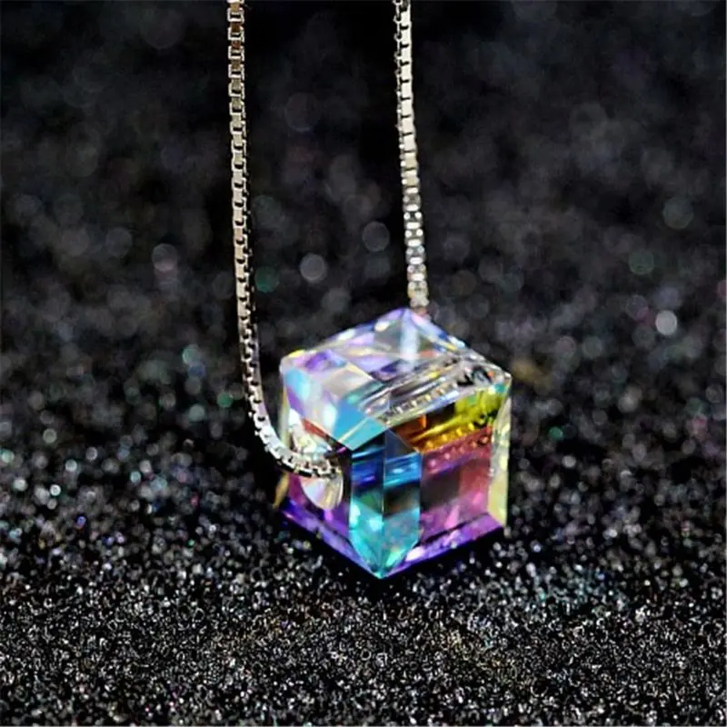 50CM Fashion Cubic Pendant Clavicle Chain Colorful for AURORA Square Crystal Pendant Necklace Gift for Children Daughter