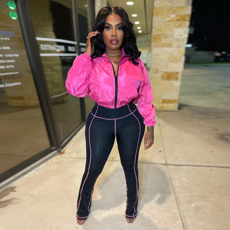 أزياء المرأة عارضة 2 قطعة مجموعة رياضية لامعة سحاب أكمام طويلة جيوب جاكيتات أعلى + نحيل مضيئة السراويل الشارع الشهير الدعاوى