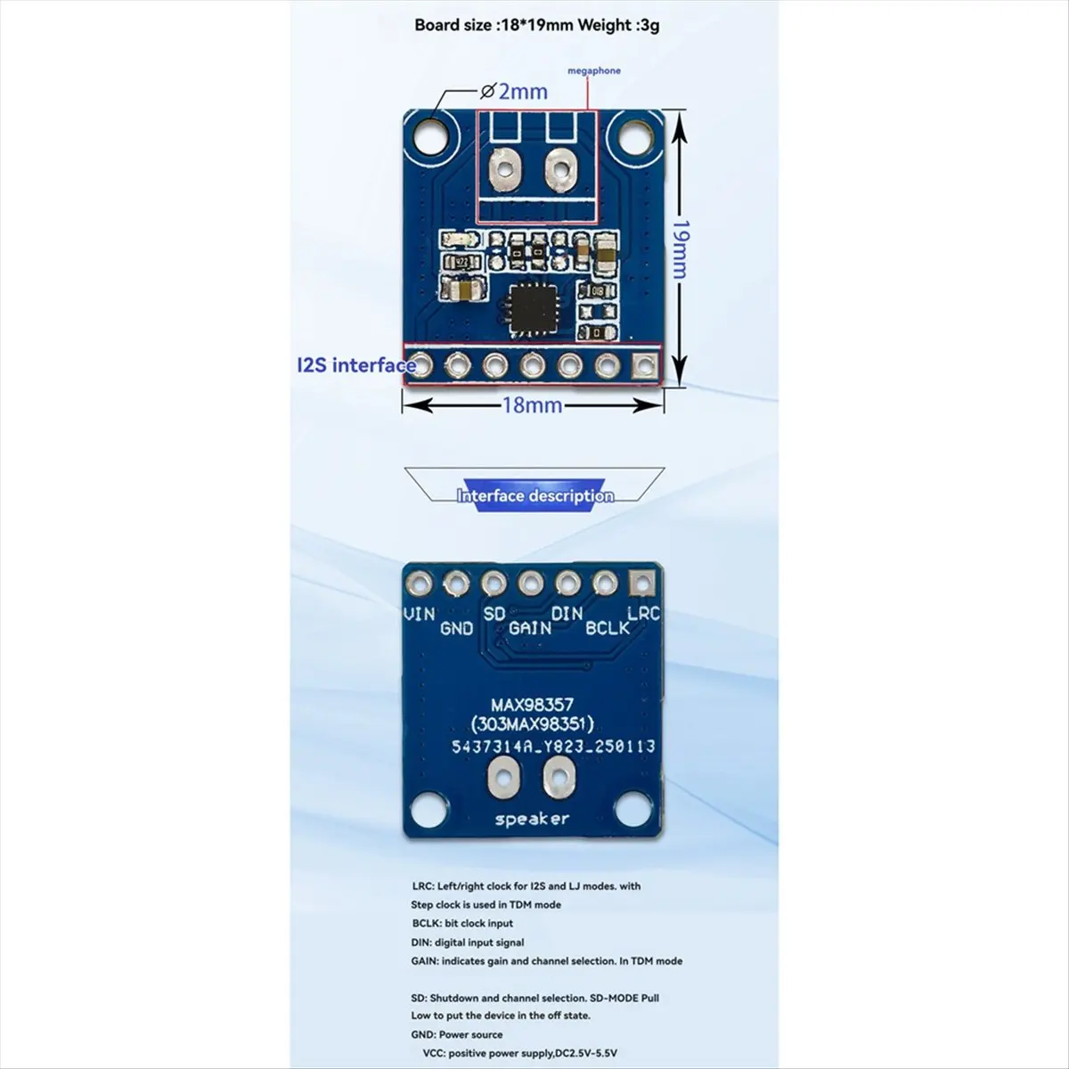 SCLS MAX98357 Power Amplifier Module I2S 8kHz-96kHz Class D Audio Amplifier Module for /for /