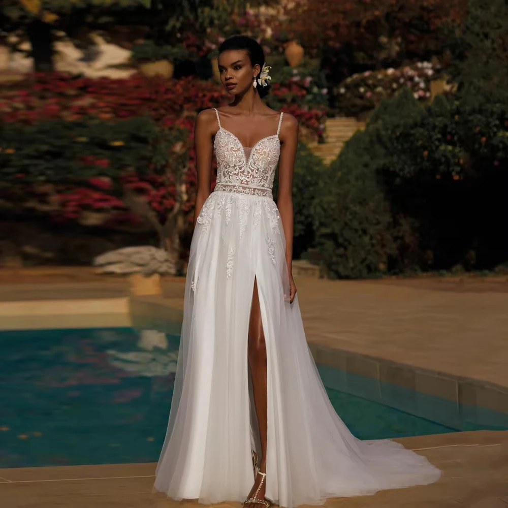 

Sweetheart Collar Sleeveless Women Wedding Dresses Sexy Lace Flower Printing Bridal Gowns Princess Engagement Banquet Customized