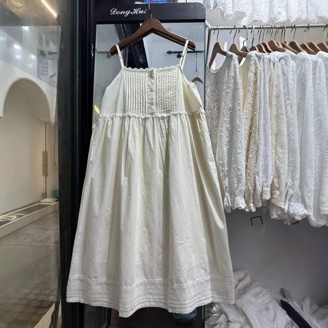 2026 Japan style mori girl summer sweet cotton embroider solid dress women spaghetti strap robe white beige petticoat dress