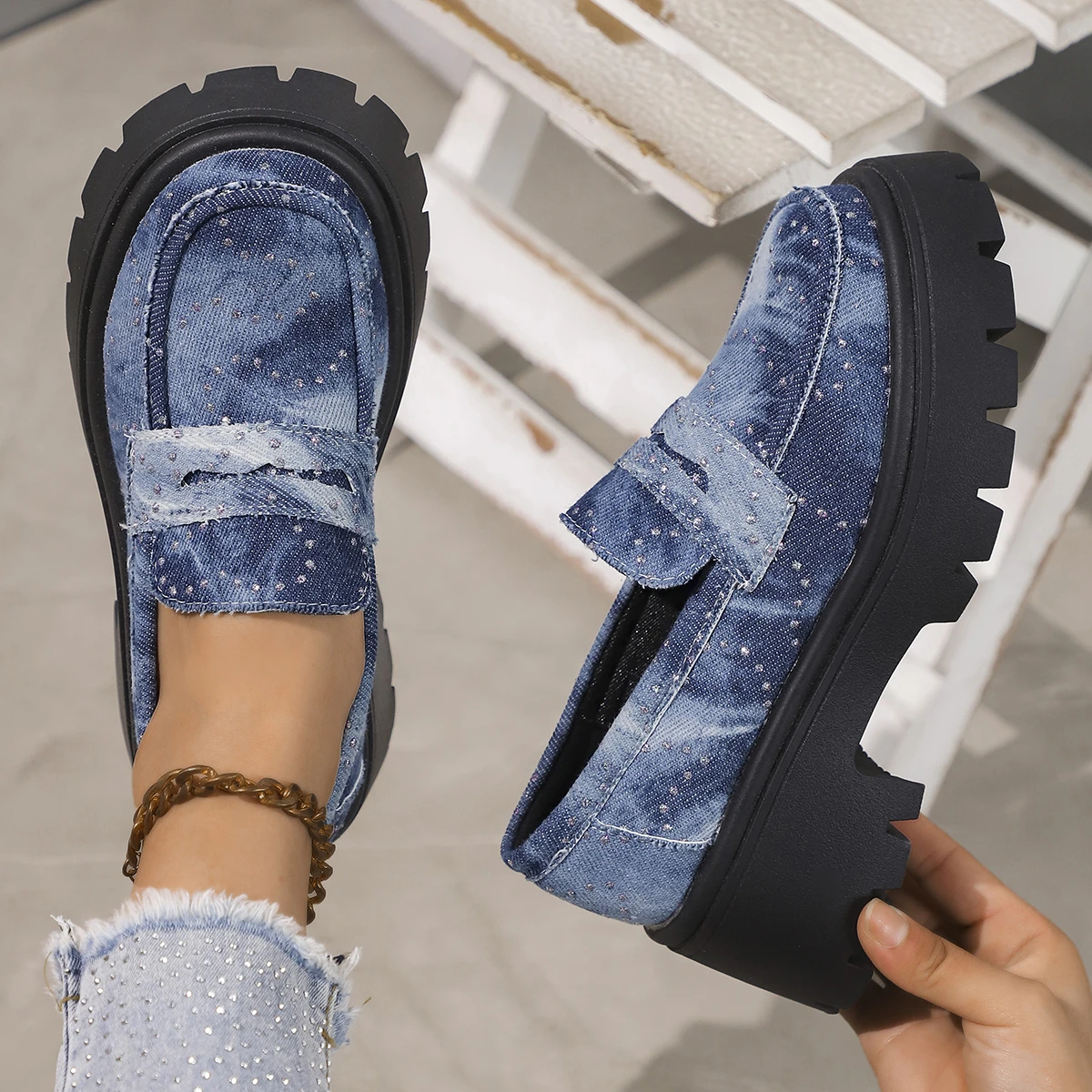 Rimocy 2024 New Women Chunky Heels Loafers Fashion Crystal Slip On Platform Shoes Woman Gothic Thick Bottom Shallow Denim Pumps