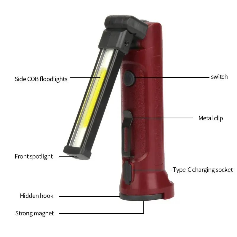 Luz de trabajo COB plegable de 180 °, linterna recargable por USB, foco portátil de reparación de emergencia para acampar con gancho colgante