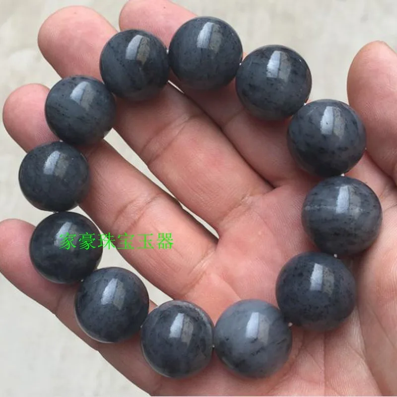 Xinjiang Hetian Blue and White Pebble Bracelet round Dark Jade Buddha Beads Men's