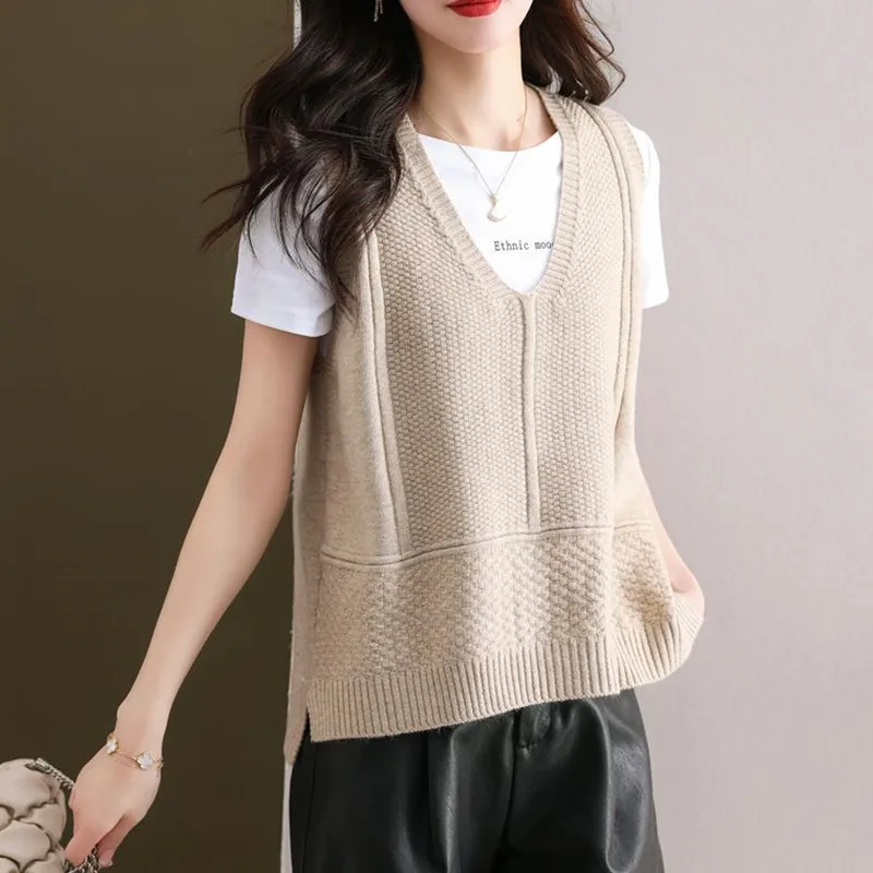 Gebreide Vesten Dames Koreaanse Stijl All-Match Herfst Winter Nieuwe Casual Bovenkleding V-Hals Mouwloze Tops Trendy Mode Comfortabel