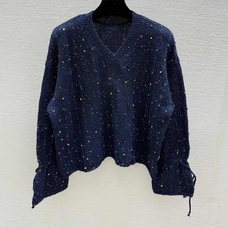 

Высококачественный женский цветной пуловер с V-образным вырезом и помпоном, свободный, элегантный и изысканный, базовый слой трикотажа 25919163