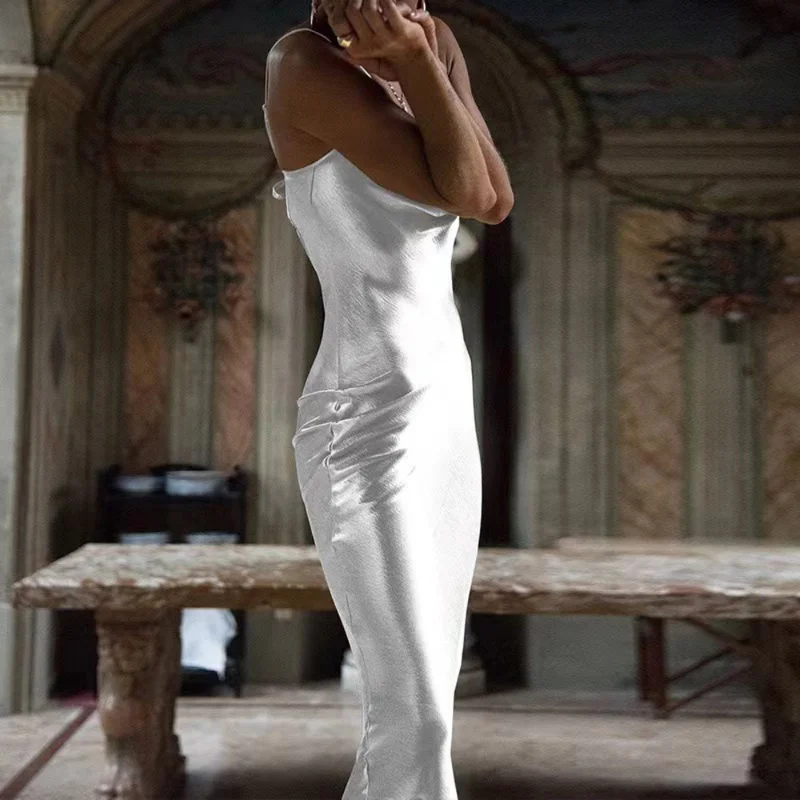 여름 솔리드 컬러 크로스 섹션 스트리트 트렌드세터 서스펜더 실크 피쉬테일 원피스 여성용