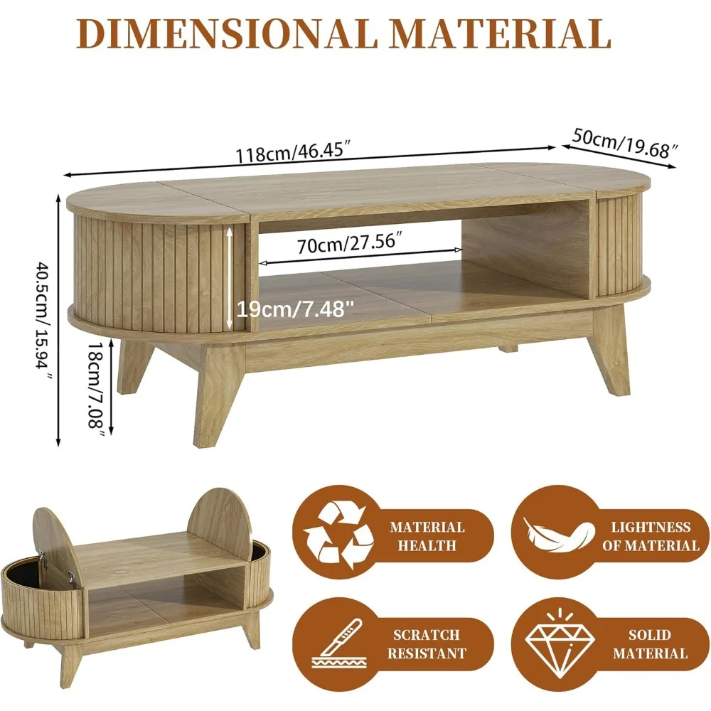 Mesa de centro estriada, mesas de centro modernas de mediados de siglo para sala de estar, mesa de centro ovalada con tapas abatibles, centro decorativo de madera