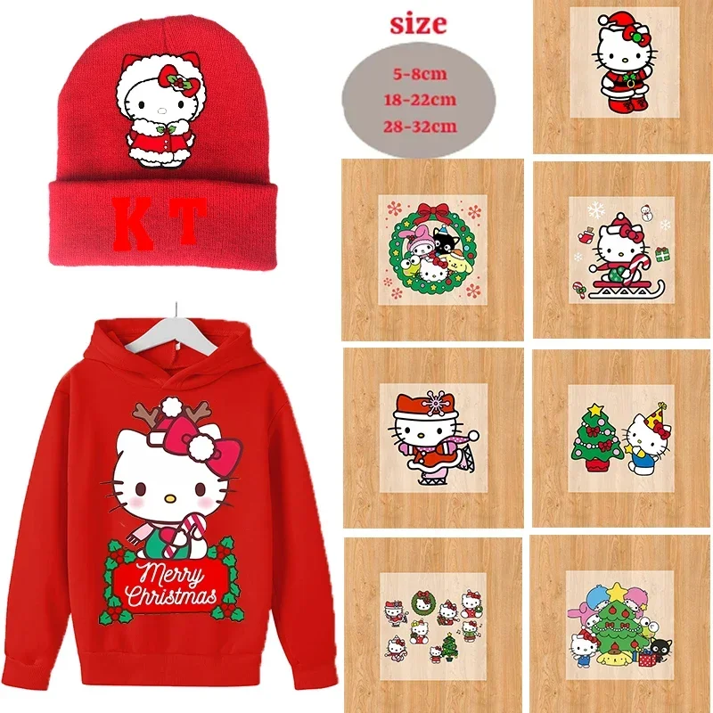 Autocollant d'estampage à chaud de Noël Hello Kitty, Sanurgente Anime, vêtements, chapeau, autocollants de transfert de chaleur, dessin animé mignon, bricolage, cadeau de patch de vêtements