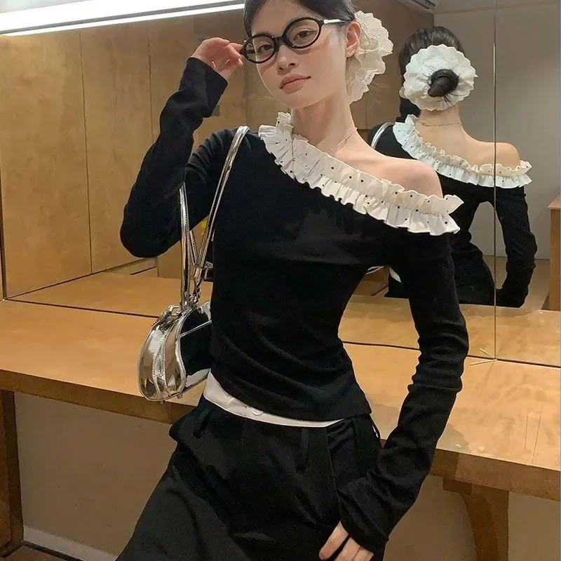 

Осенние футболки с открытыми плечами и оборками в горошек, женские милые облегающие универсальные укороченные топы, модные футболки с длинными рукавами Y2k