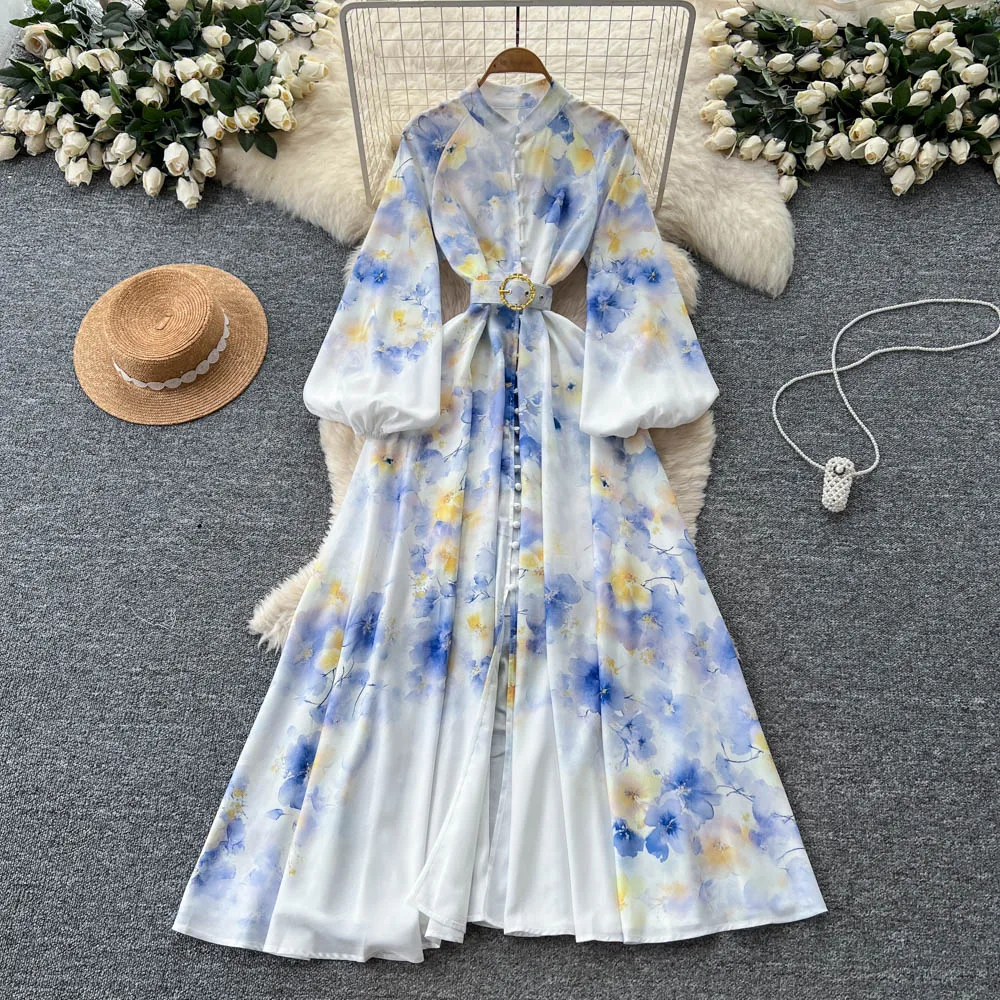 

Retro Elegant Single Breasted print Long Sleeve Casual High Waist dress Women Clothing ceremony dresses