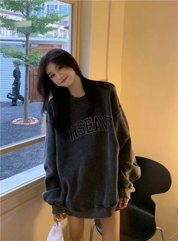 Women's American Vintage Distressed Sweatshirt - Autumn Casual Loose Crew Neck Pullover Versatile Oversized Long Top