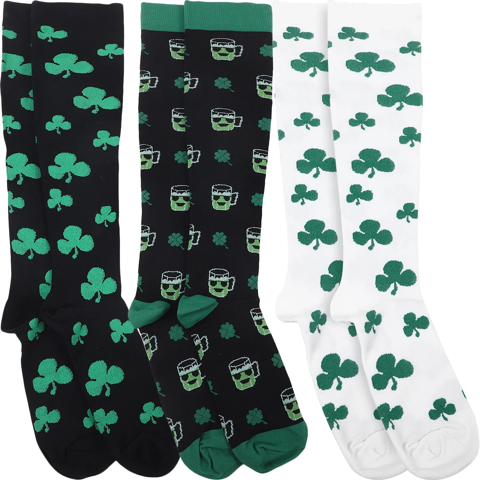

3Pairs High Socks Women Irish Festival Pattern Compression for Running Cycling Fitness Large Size St Patricks Day