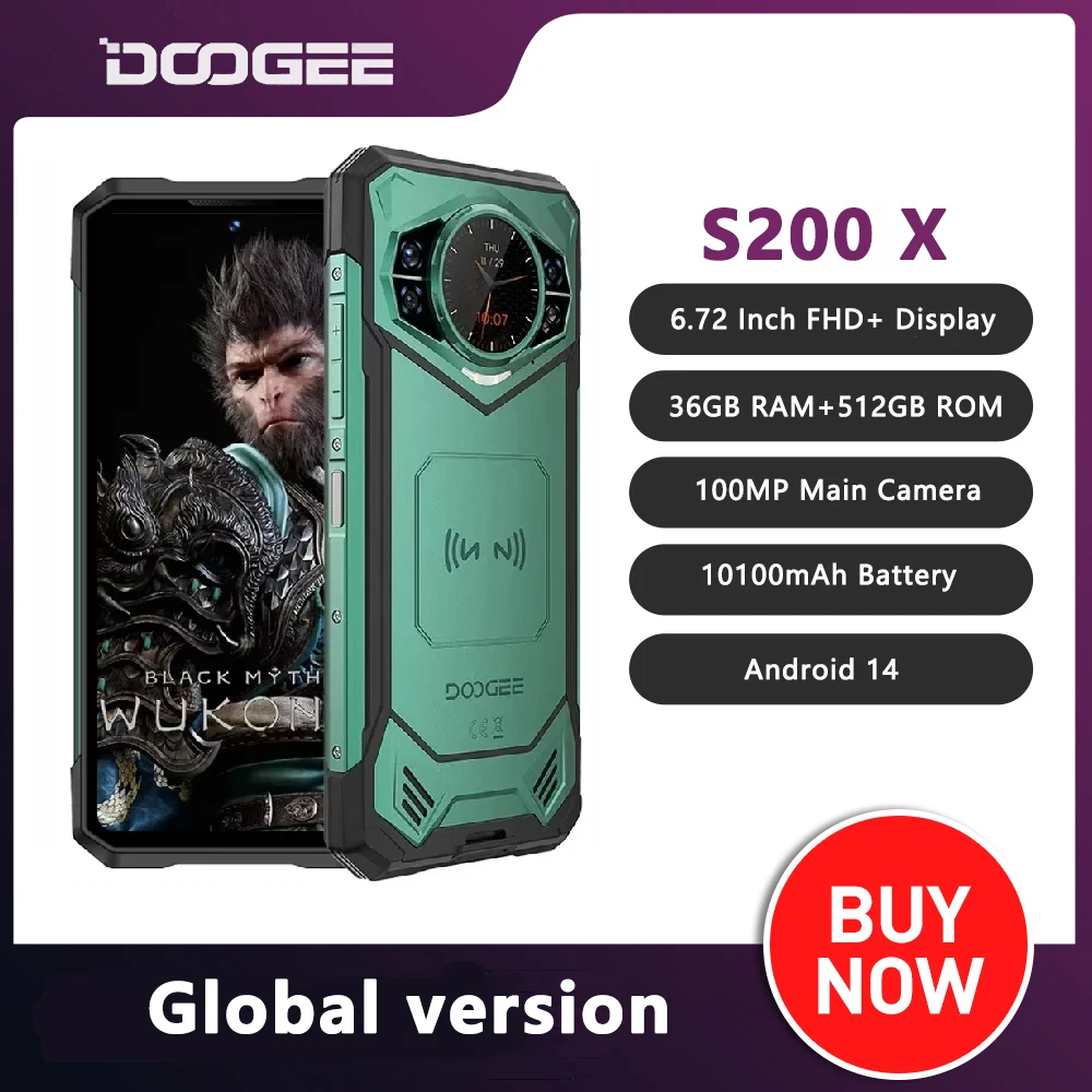 Прочный смартфон DOOGEE S200 X 5G, Android 14, 12 ГБ ОЗУ, 512 ГБ ПЗУ, 10100 мАч, аккумулятор, 100 МП, 33 Вт, 6,7 дюйма, 120 Гц, дисплей, мобильный телефон NFC