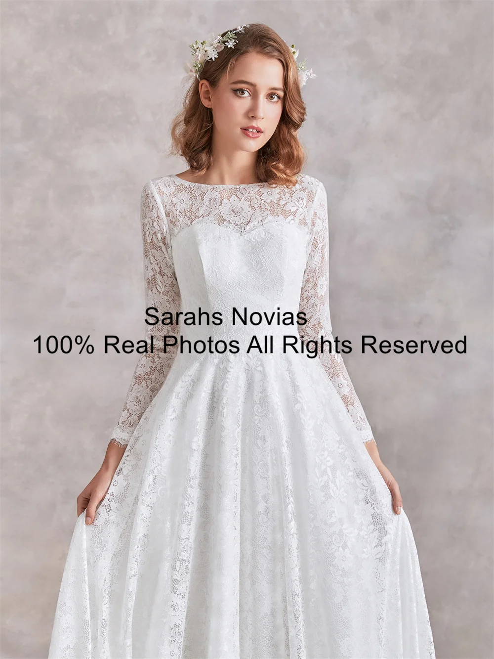 Vestidos de novia bohemios de encaje con cuello barco, vestido de novia bohemio informal de manga larga con corte en A, elegante vestido de recepción para novias