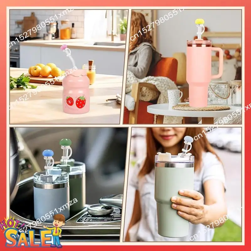 ABCL 4 Pack Silicone Straw Cover Cap For Stanley Cup Cute Mushroom Topper With Handle - Compatible With 30&40 Oz Tumbler Easy In