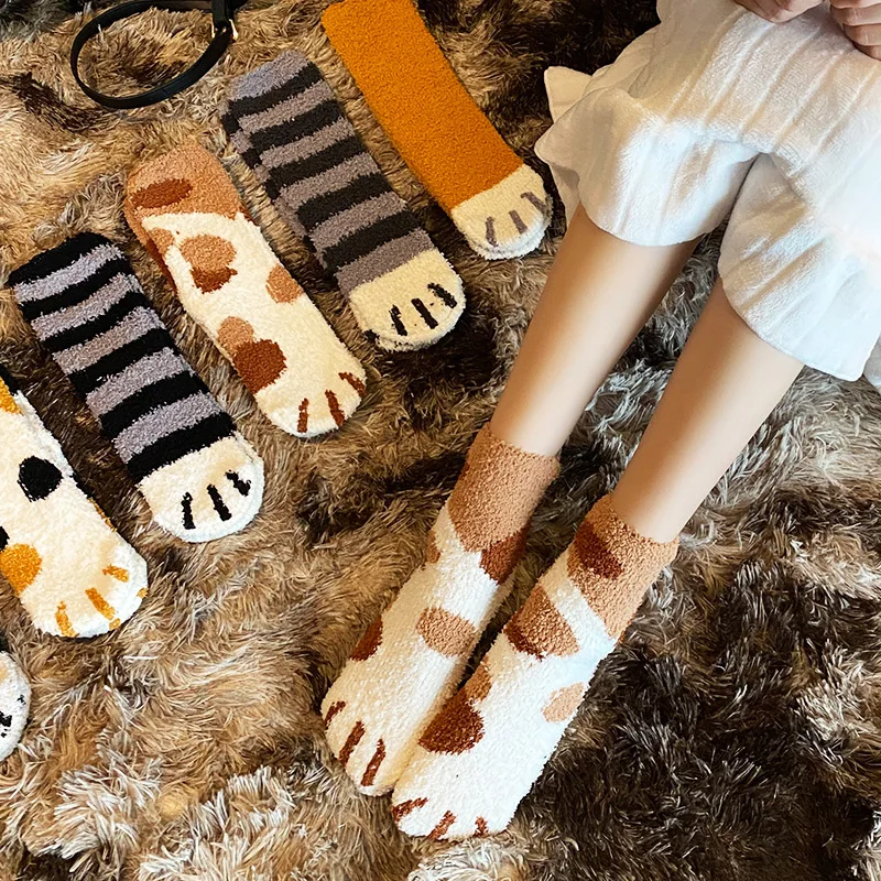 Thicken Girls Cartoon Animal Fingers Socks Hosiery Toe Zebra/Tiger/Cat Foot Sox 1Pair Womens Cats Paw Stripe 3D Socks Kawaii Fun