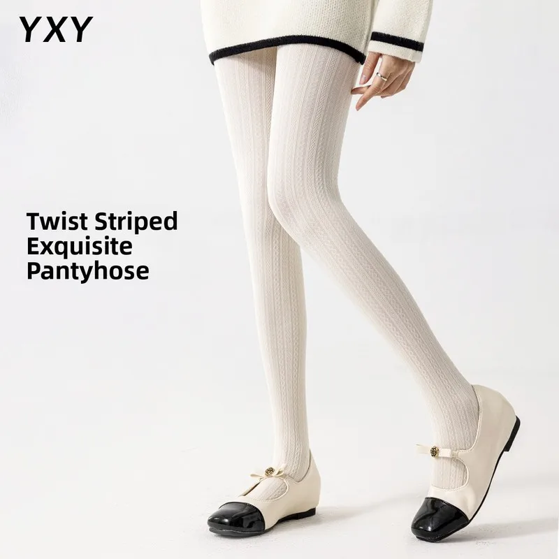 Sweet Girly Women Twist Rib Cable Knit Tights Matte Light Color Slim Leg Pantyhose Spring Autumn Slim Leg Hosiery