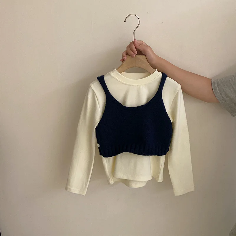 

Girls Autumn New Knitted Camisole Solid Color Base Shirt2025Casual Ribbon Loose Pants Three-Piece Set Trendy