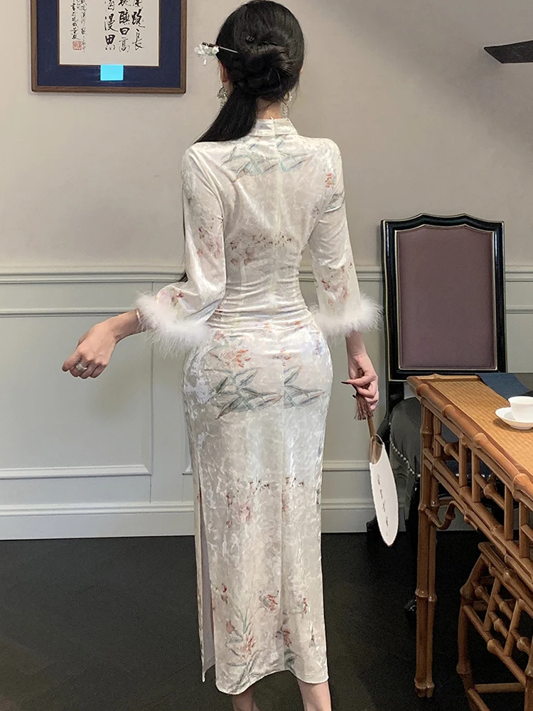 2023 Floral Samt Satin Stehkragen Langes Kleid Frauen Koreanische Elegante Luxus Festival Kleid Herbst Winter Bodycon Abendkleid