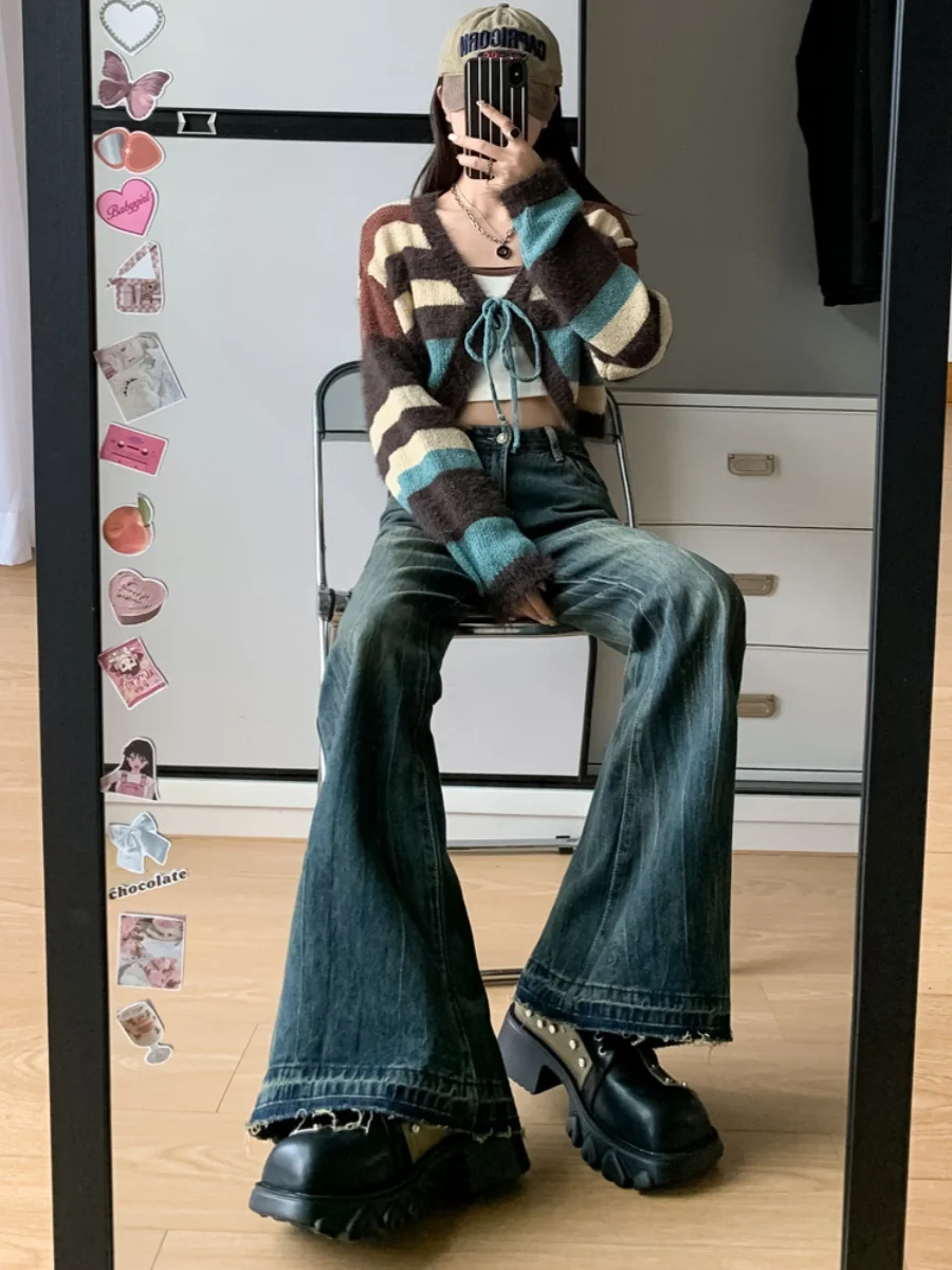 Americano retro queimado jeans feminino outono resistido design pred dobrável leggings longos botão de cintura alta cores de luz profunda