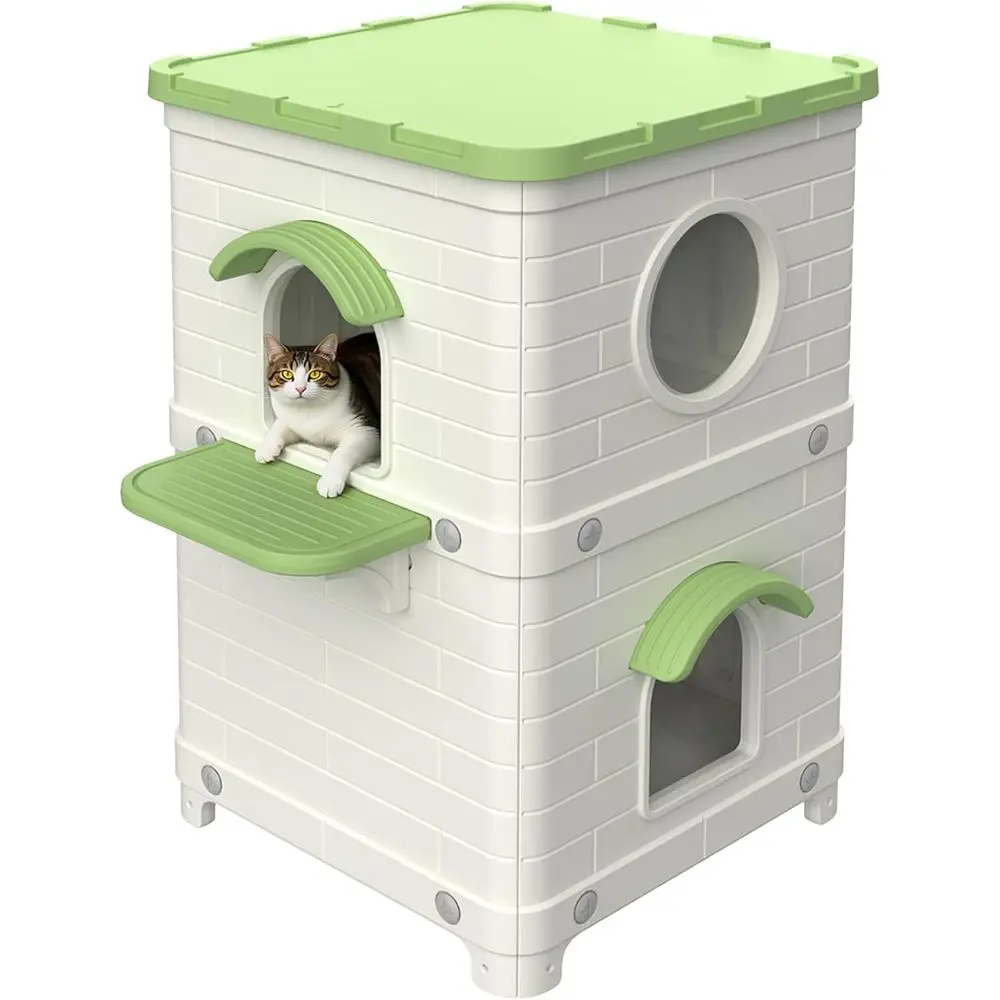 

Устойчивый к непогоде уличный домик для кошек: 2-этажный пластиковый домик для бездомых кошек, простая сборка, подходит для использования в помещении или на улице.