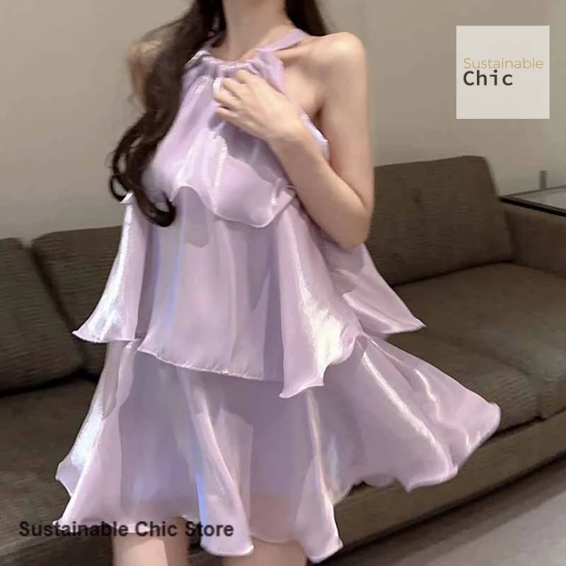 

French solid color flounce stitching dress female summer sweet temperament hanging neck skirt first love gentle cake skirt