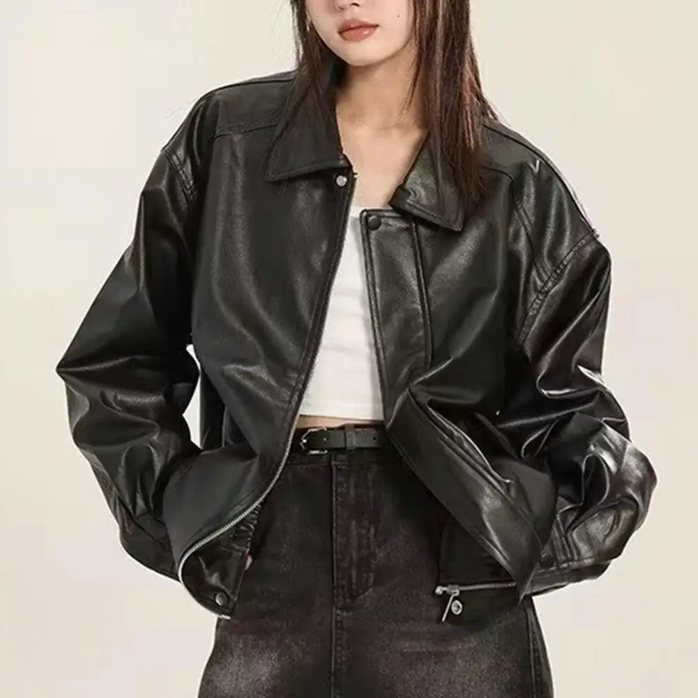 Women Faux Leather Jacket Long Sleeves Turn-down Collar Loose Fit Zipper Pocket Solid Color Vintage American Oversized Ladies