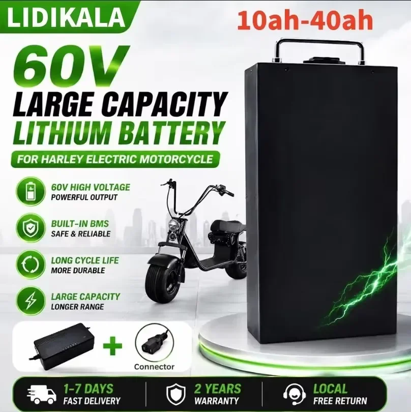 60V 10Ah-40Ah Harley Zwei-Rad Faltbarer Citycoco Elektroroller Elektrofahrzeug Lithium-Batterie, Eingebauter 500W-3000W Hochleistungsmotor, mit BMS