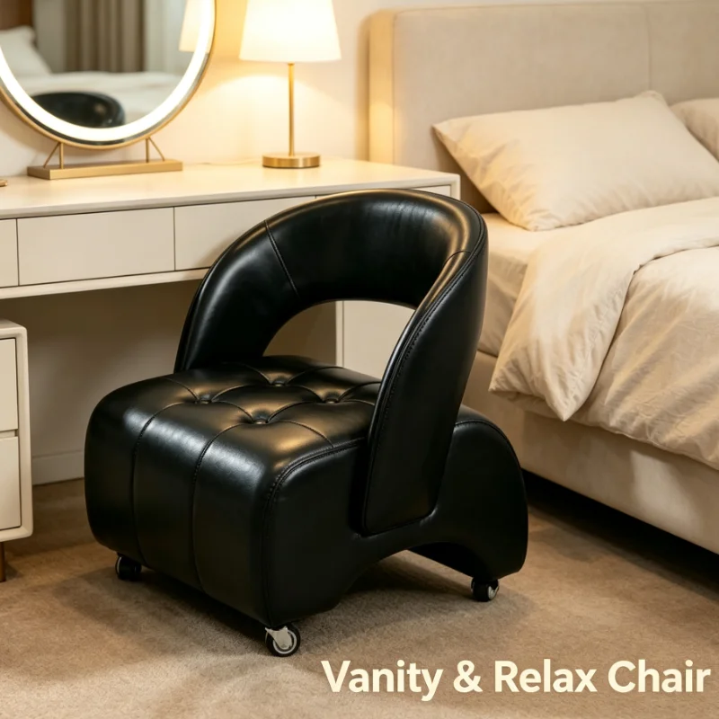 Leather Low Back Armchair With Wheels Tufted Seat Mobile Lounge Chair Living Room Bedroom Office Furniture Small Space