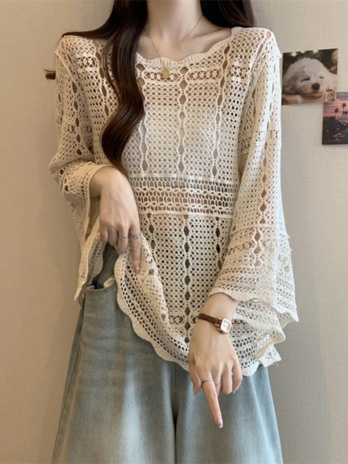Thin Ice Silk Knitted Sun Protection Cover up Top Women Summer plus Size Slimming Hollow out Design Korean Style Long Sleeve ...