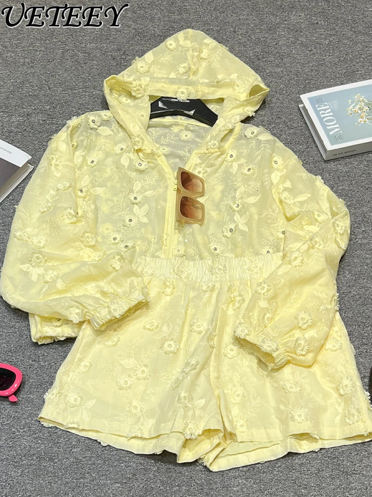 2025 Summer Heavy Industry New Embroidery Flower Hooded Long-sleeved Shirt Women's Loose Casual Solid Color Versatile Tops