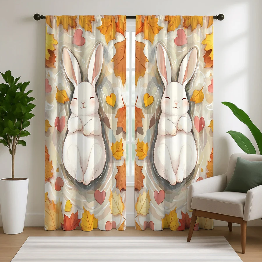 2PCS Digital Print Curtain, White Rabbit Autumn Leaf Heart Water, Fall Cute Animal for Living Room Bedroom Kitchen Decor