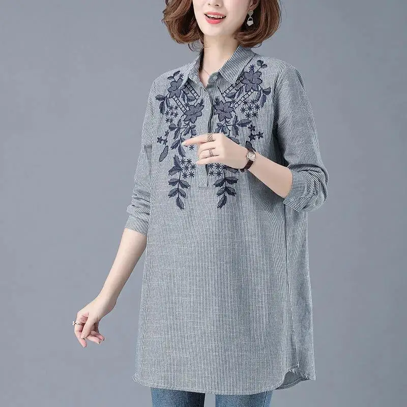 

Embroidered Striped Long Sleeved Shirt for Women Spring Autumn Korean Version Loose Mid Length Tops Fashion Women's Clothing
