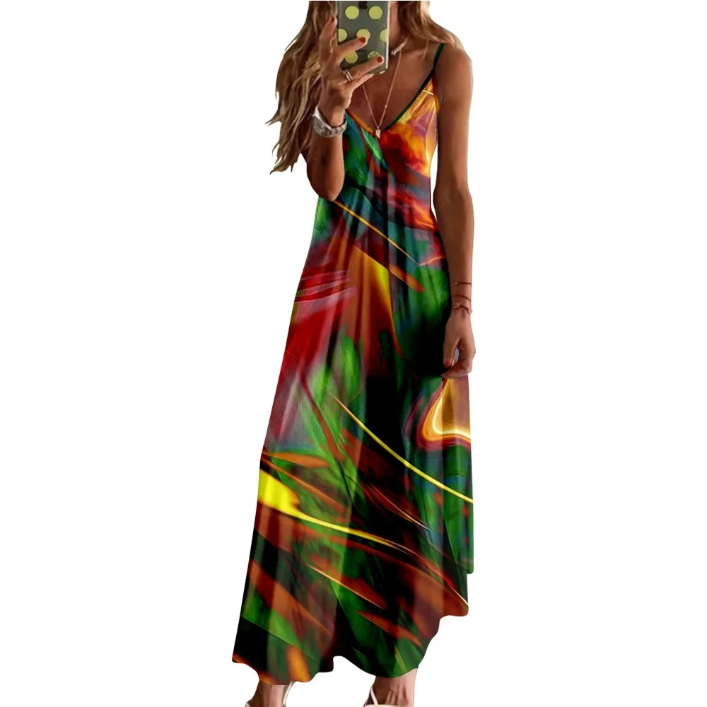 

Spring Summer Women V-Neck Fluorescent Lines Printed Sexy Beach Long Maxi Dress Split Sleeveless Clothing Holiday Vestido