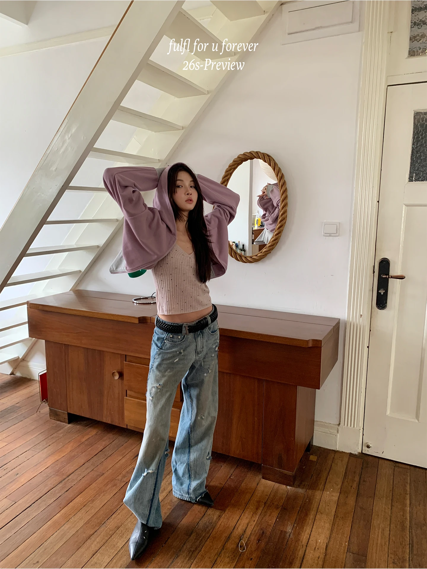 

Retro Sle Low Waist Cotton Jeans Women's Faionable Long Pants Vintage Faded Hole Design Spring New Arrival Straight Leg