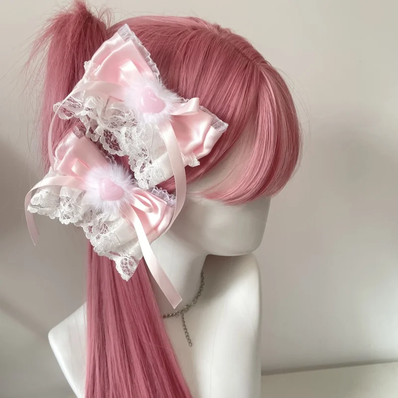 1 par nova lolita artesanal rosa laço arco headpiece pele doce clipe y2k menina amor bowknot duplo rabo de cavalo grampo de cabelo acessórios
