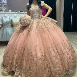 Angelsbridep Customized Pink Ball Gown Quinceanera Dresses Vestidos 15 Años Quinceañera Lace Up Tiered Gold Appliques Party Gown