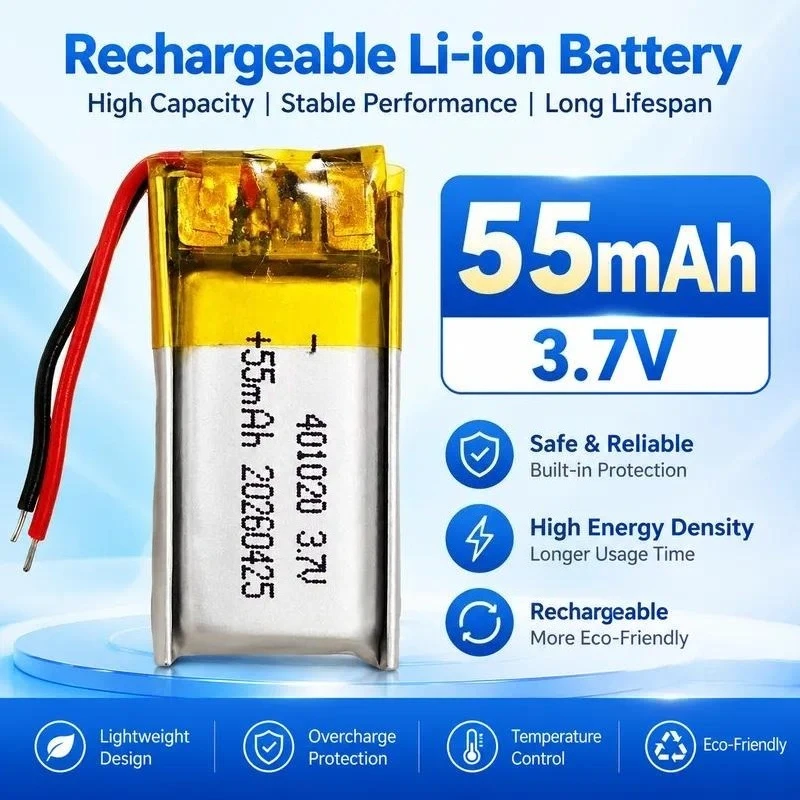 50pcs Customized 401020 Polymer Lithium Battery 3.7V 55mAh for Point Reading Pen Smart Bracelet Bluetooth Headset OEM