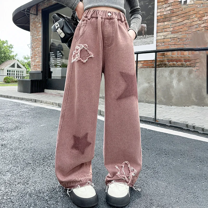 Pants Star-shaped Patch Jeans Grils Children Spring Autumn New Korean Loose Casual Wide-leg Fashionable Soft Comfortable