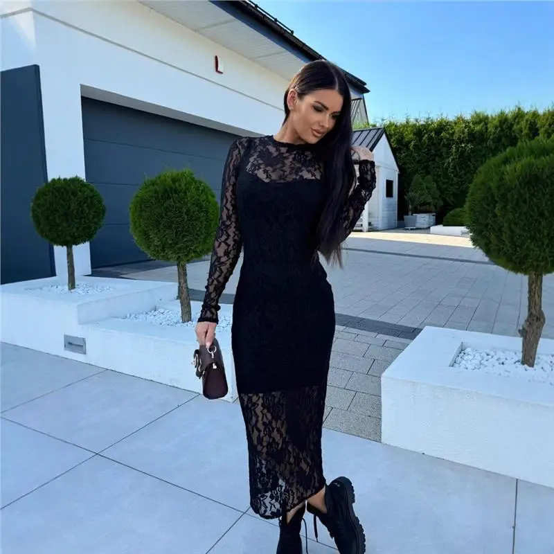 Slim Fit évider rond Ne dentelle moulante Dr Sexy Transparent Transparent jupe longue taille haute t-shirt fibre d'acétate 00%