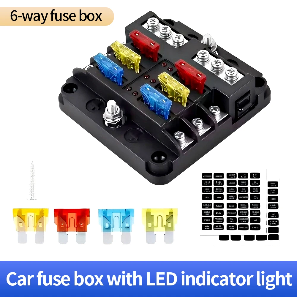 6/12  Way Blade Fuse Box LED Warning Indicator 12V 24V 32V DC Power Distribution Block with Plastic Cover for Car Truck Boat RV