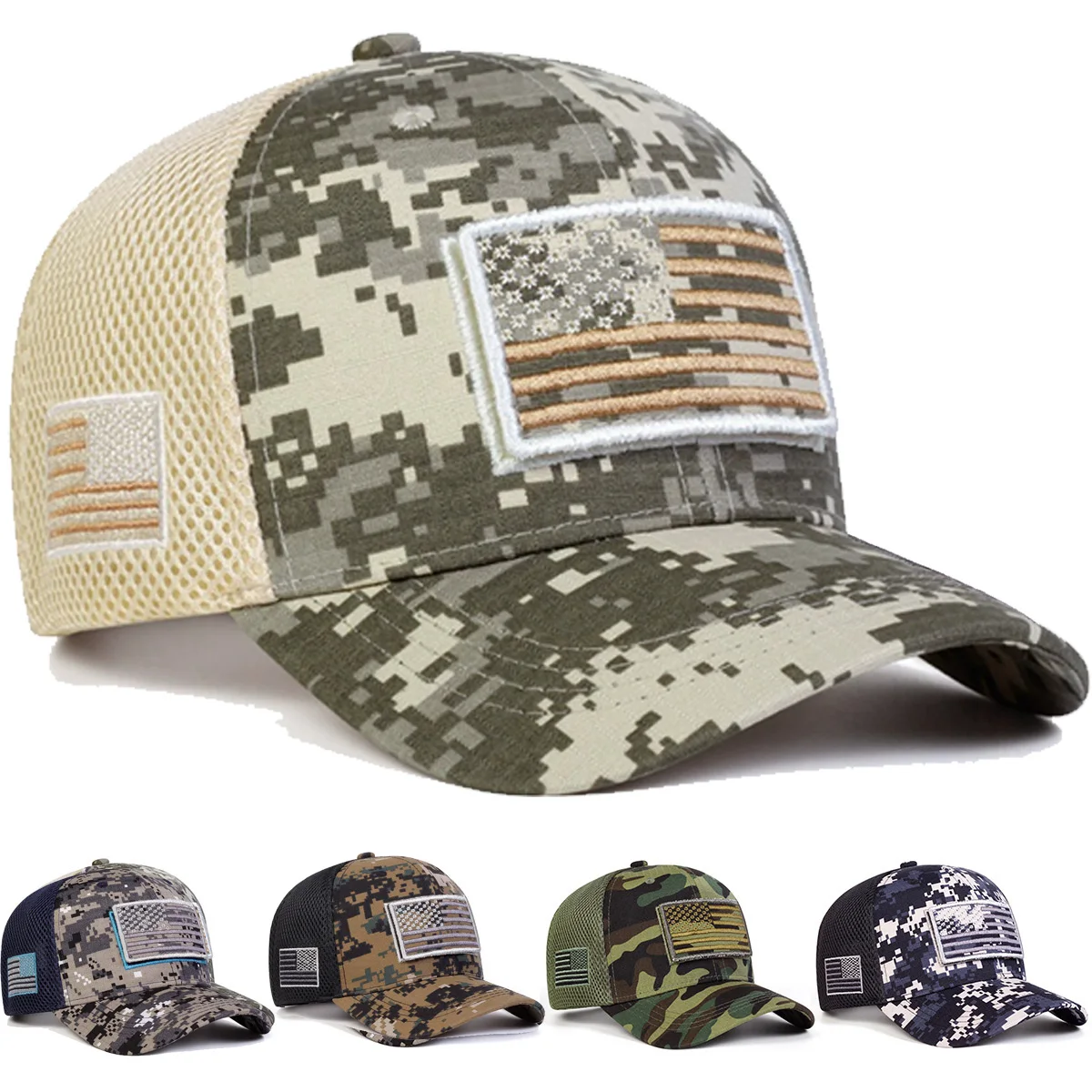 Unisex Adjustable American Flag Embroidery Camouflage Baseball Cap Spring Summer Outdoor Sunscreen Casual Net Hat