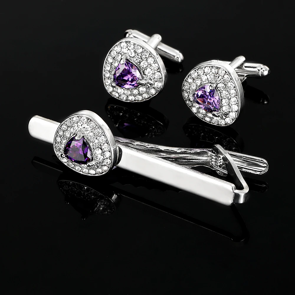 Novelty Luxury Purple White Zircon Triangle Cufflink Tie Clip Set With Full Crystal Paved Nice Gift For Men Boy