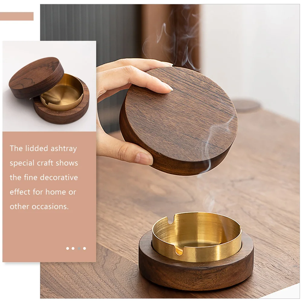 

Vintage Style Wooden Round Ashtray Decorative Home Office Cigarette Holder Bowl With Metal Liner Space-Saving Desktop Container