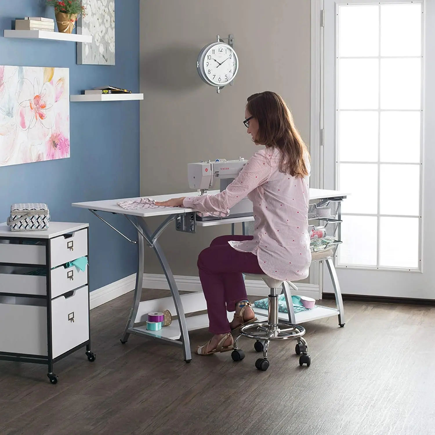 Pro Stitch Sewing Machine Table - 56.75" W x 23.75" D White Hobby and Sewing Machine Table with Storage Shelf