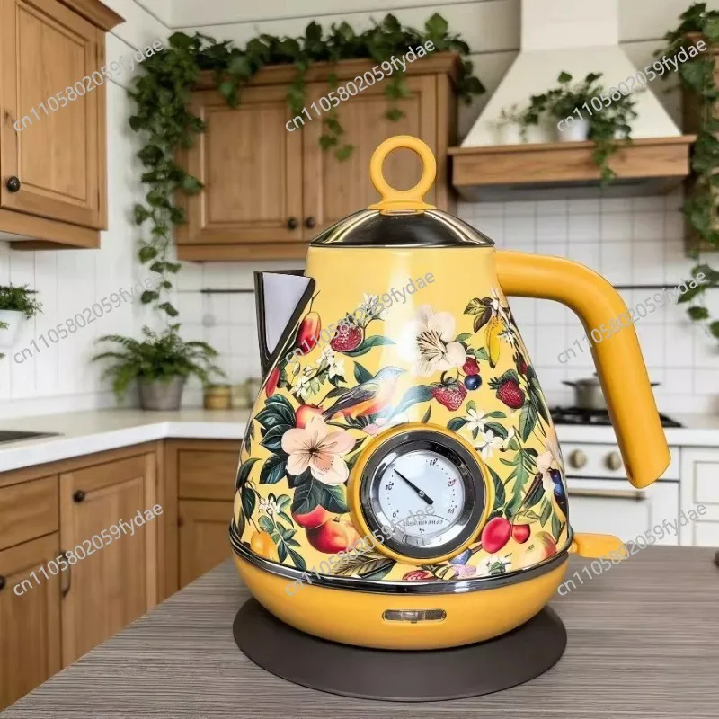 1.7L Retro Print Flower Electrc Kettle Home Boiling Kettle With Thermometer 304 Stainless Steel Teapot Auto Power Off 1850W