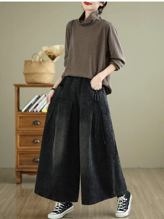 Cintura alta solta ajuste denim calças de perna larga com cinto retro cor blo casual drapey calças compridas para mulheres plus size