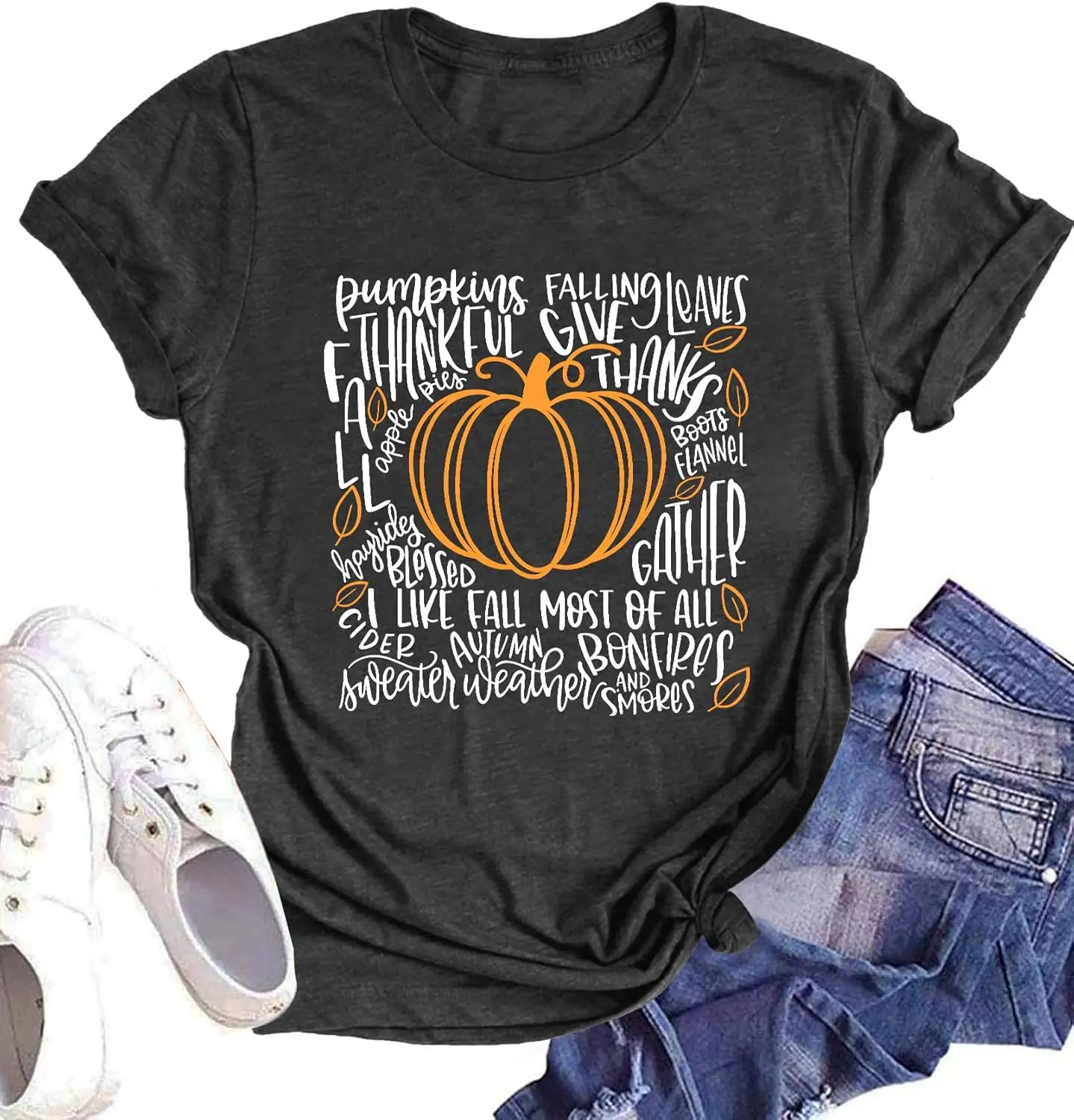 

Thankful Shirts Women Thanksgiving Pumpkin T-Shirt Funny Graphic Tees Short Sleeve Fall Tshirts